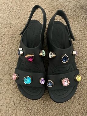 CROCS Black Platform Sandals with Multicolor Gem Accents